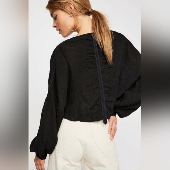 Free People XS Day Dreaming Shirt Black Crop Top Loose Fit Gauze Oversized Boho - Picture 3 of 11